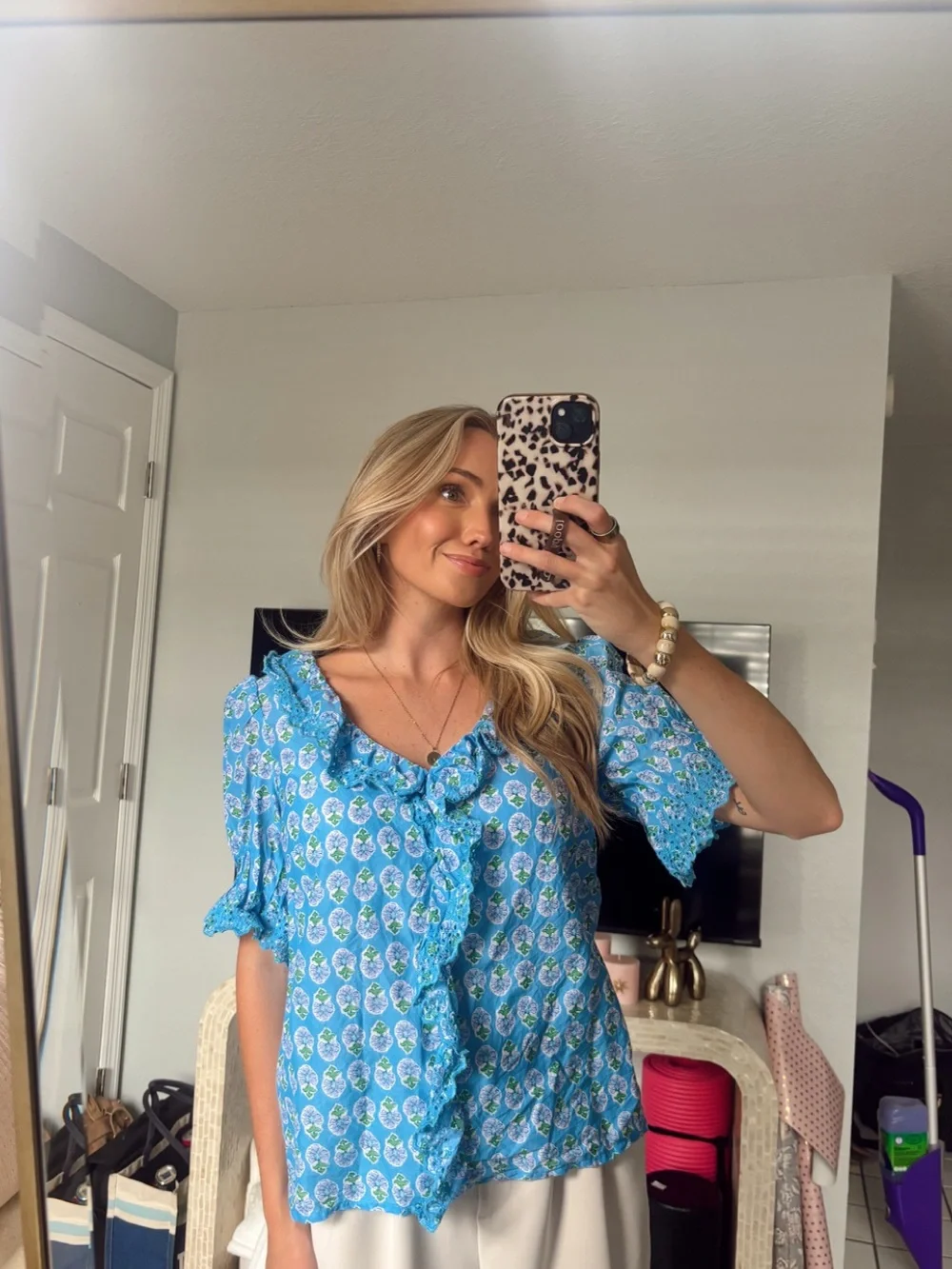 J Crew Eyelet Ruffle Front Top - Mountain Bluebird